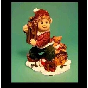Christmas Elf Figurine Holding Present W/ Sack Of Presents On Snow & Mistletoe